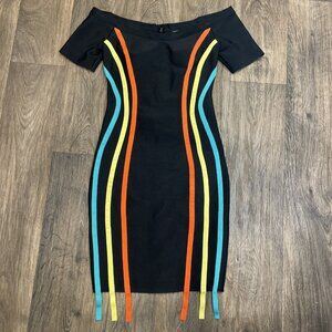 Black Rainbow Stripe Bodycon Mini Dress Y2K Baddie Club Party Night Out Hot Girl